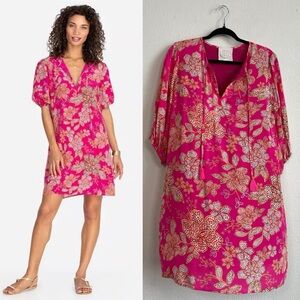 Johnny Was Vesna Pink Floral Print Short Sleeve Silk Mini Dress Size Small